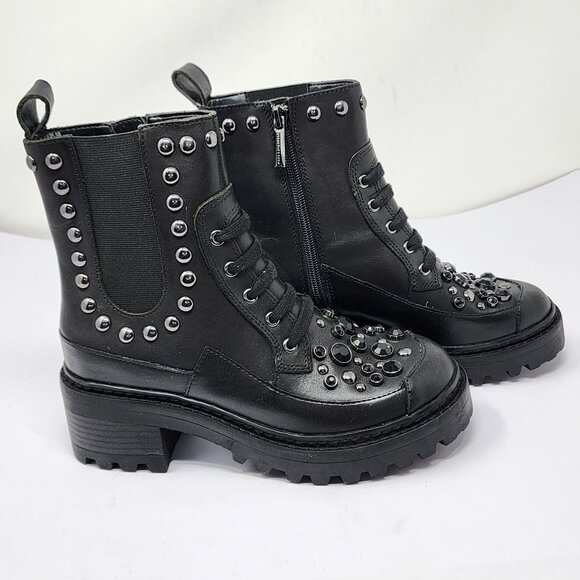 Karl Lagerfeld Women’s 5.5M Breck Black Studded Leather Moto Booties Chunky Heel - Picture 6 of 11
